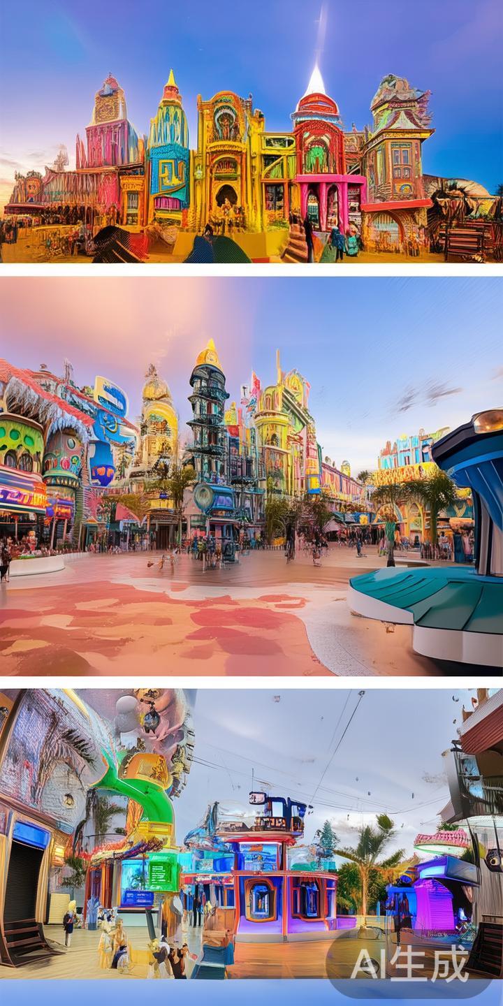 太阳城设有多个主题区，包括国际风情街、儿童乐园和高